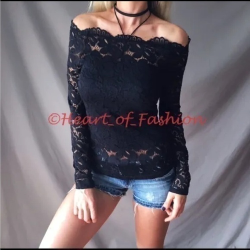 Women's Sexy Black Lace Off Shoulder Long Sleeve Lined Top Blouse Size S